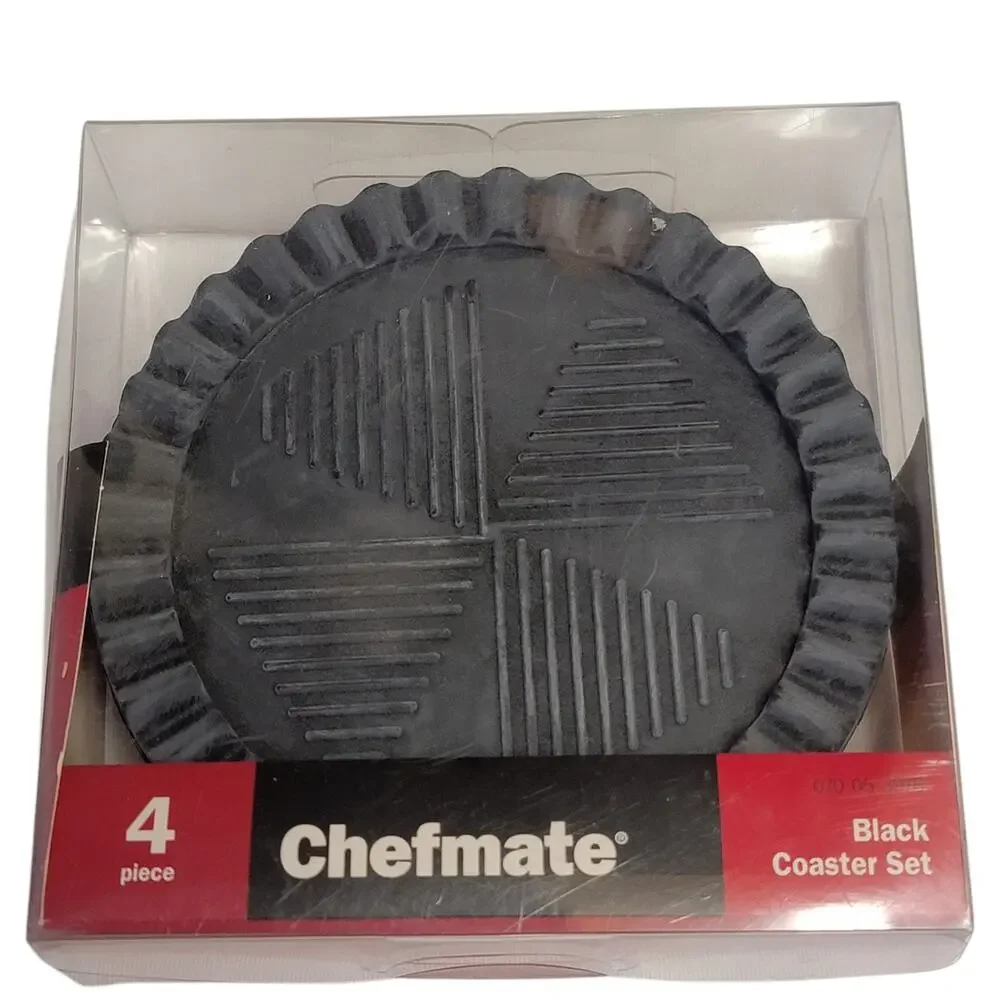 Chefmate Black Coasters Set of 4 Rubber Textured Ridged Edge‎ Masculine Dining